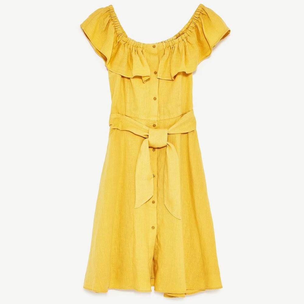Zara - Yellow linen midi off the shoulder dress - medium